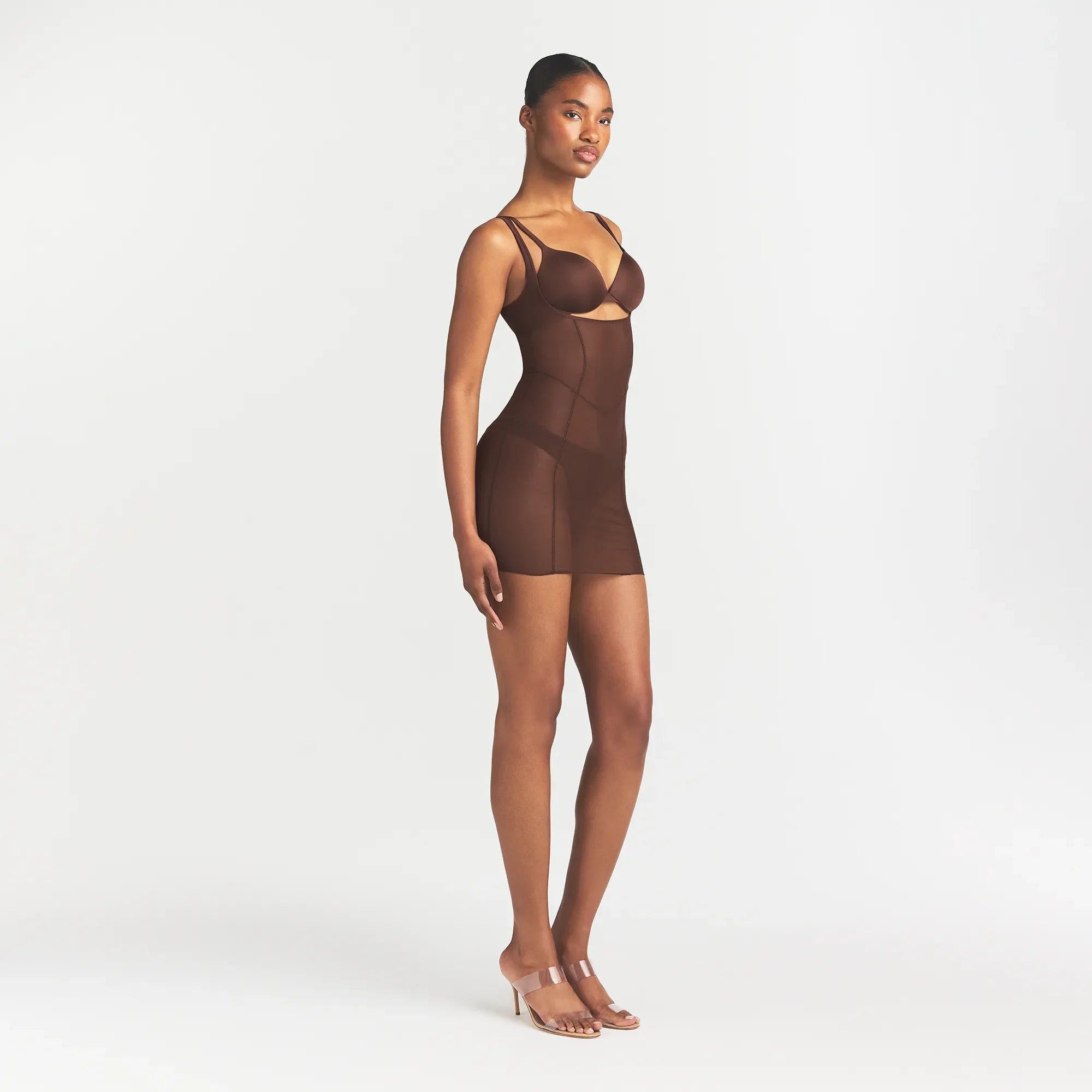 POWER MESH SHAPEWEAR OPEN BUST SLIP DRESS | COCOA ON A MODEL SIDE VIEW @