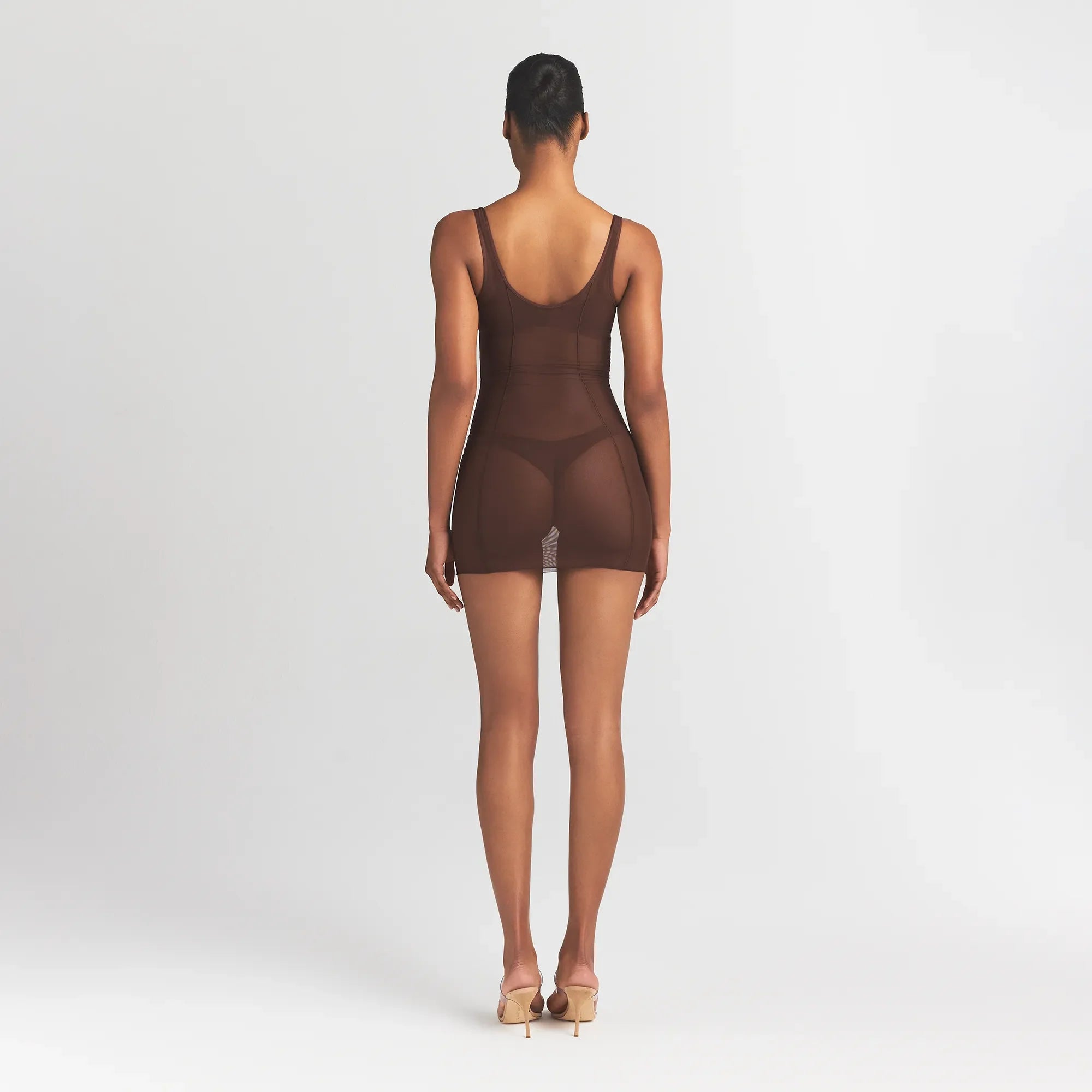 POWER MESH SHAPEWEAR OPEN BUST SLIP DRESS | COCOA ON A MODEL BACK VIEW @
