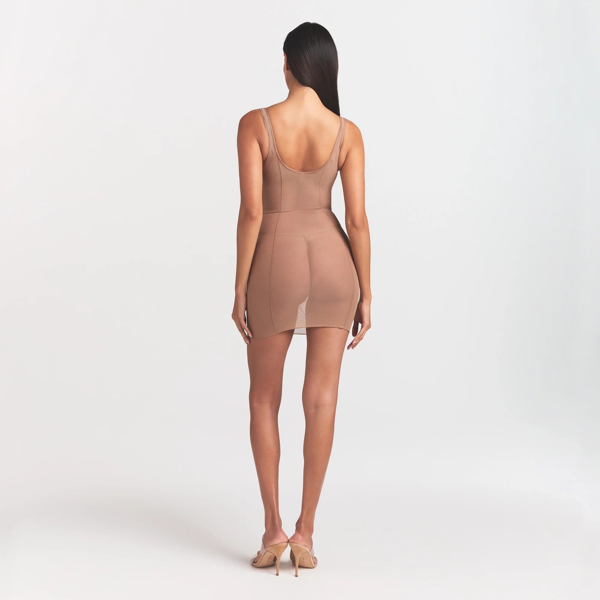 POWER MESH SHAPEWEAR OPEN BUST SLIP DRESS | SIENNA ON A MODEL FRONT VIEW @