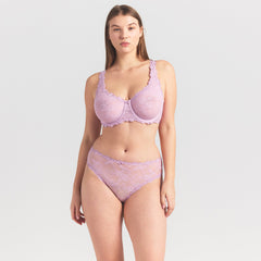 STRETCH LACE UNLINED FULL COVERAGE BRA | BABY PINK ON A MODEL SIDE VIEW @ | FOCUS: 0.0, 1.0, 0.9