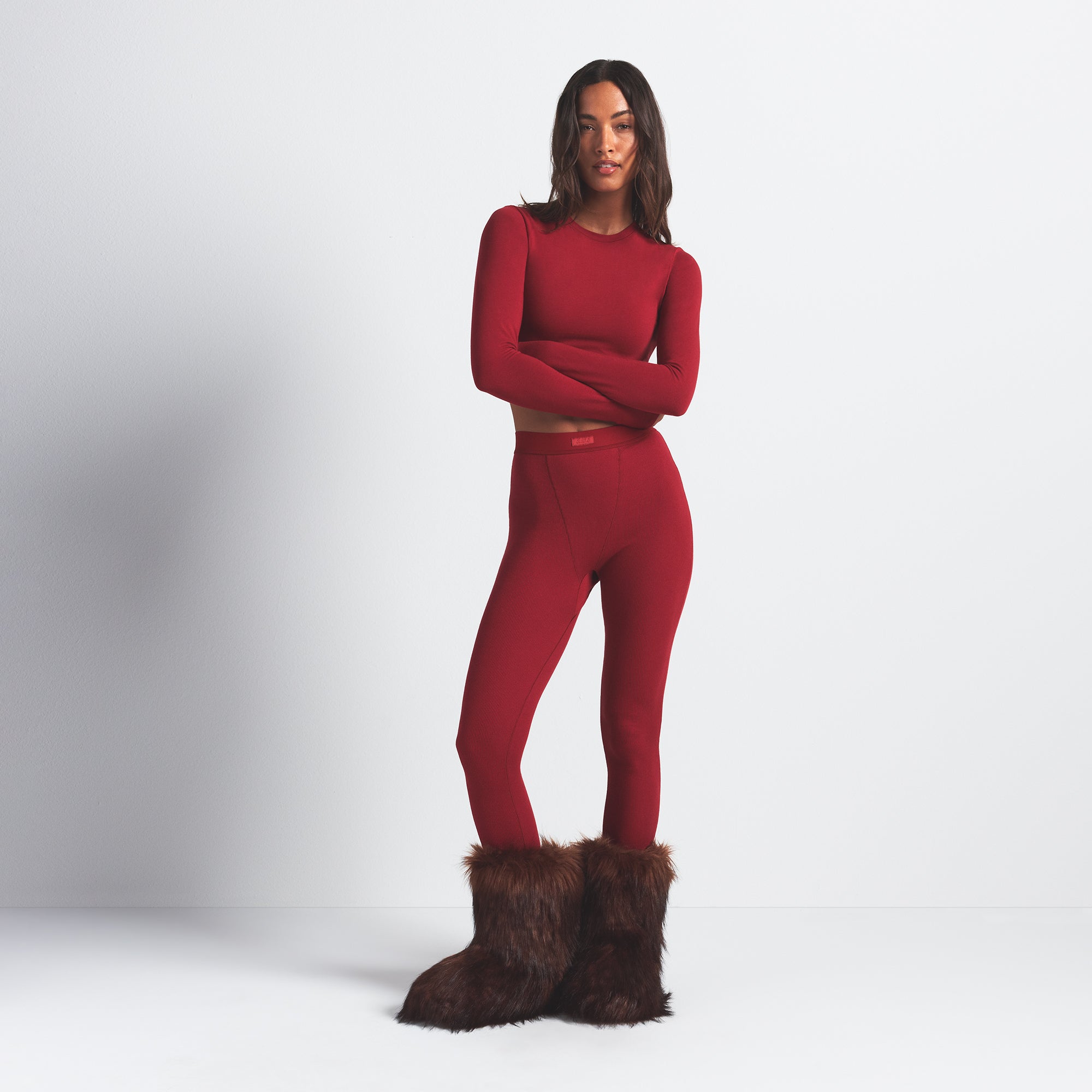 FAUX FUR BOOT | COCOA ON A MODEL FRONT VIEW @ | FOCUS: 0.0, 1.0, 0.9