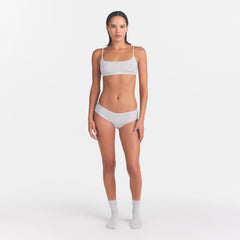 LIGHTWEIGHT COTTON LOGO PICOT HIPSTER | LIGHT HEATHER GREY ON A MODEL FRONT VIEW | FOCUS: 0.0, 1.0, 0.9