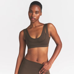 NikeSKIMS MATTE DOUBLE STRAP SCOOP BRA | DARK SEPIA ON A MODEL FRONT VIEW @ | FOCUS: 0.0, 1.0, 0.9