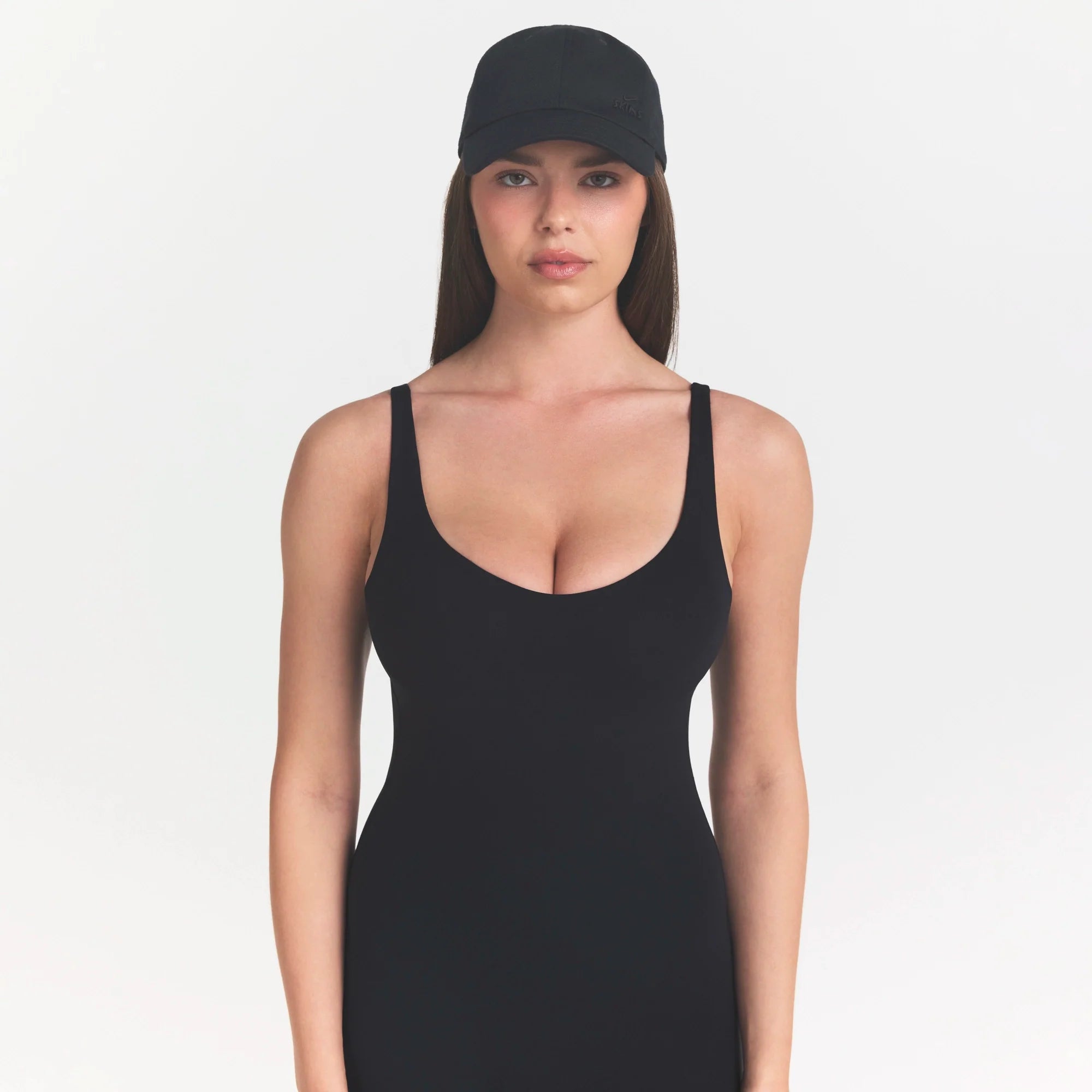 NikeSKIMS STUDIO STRETCH LONG 29" ONE PIECE | OBSIDIANON A MODEL FRONT 