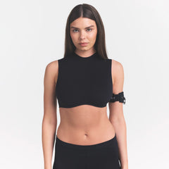 NikeSKIMS STUDIO STRETCH MOCK NECK BRA | OBSIDIANON A MODEL FRONT 
