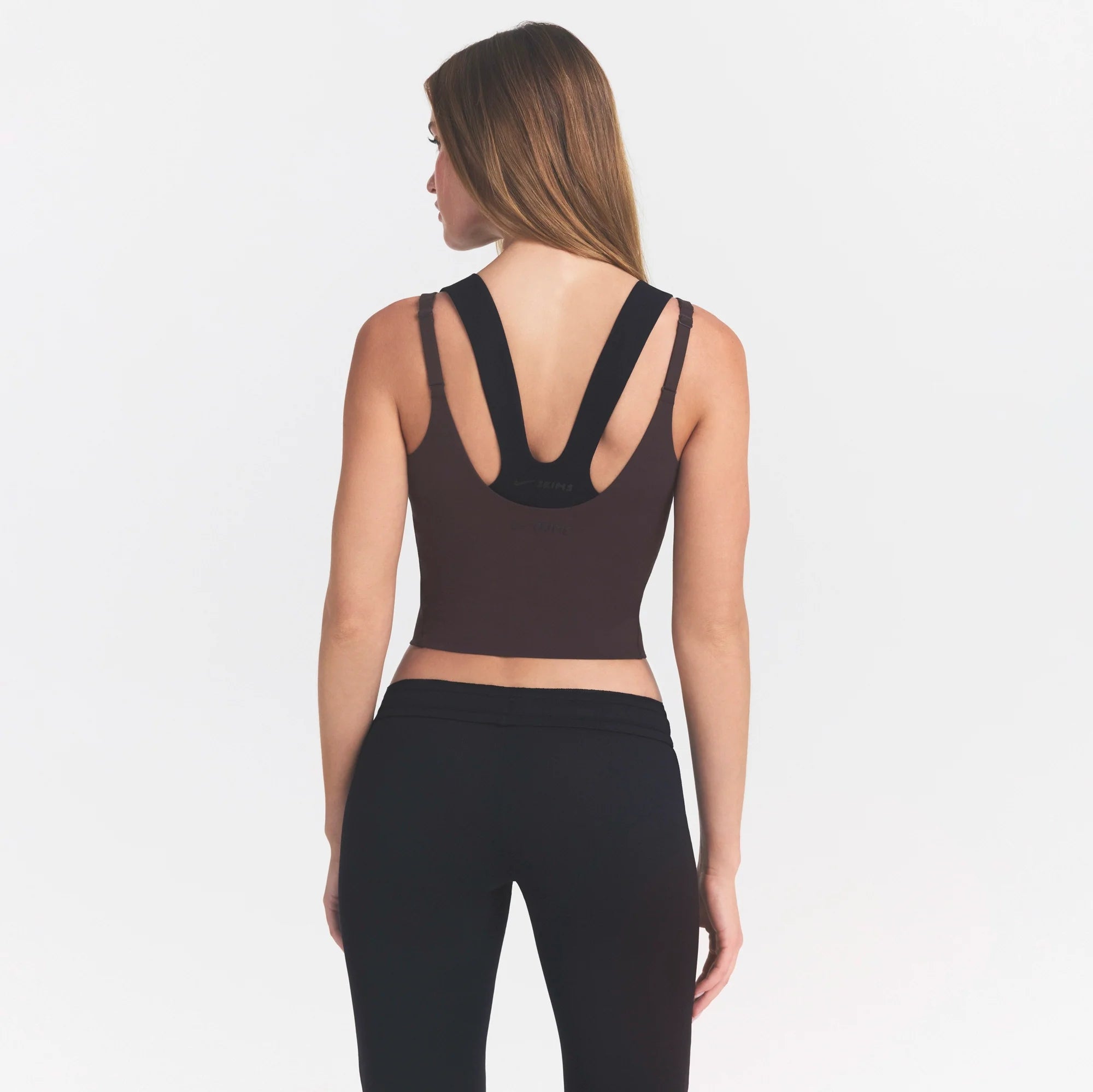 NikeSKIMS STUDIO STRETCH PLUNGE TANK | DARK ROASTON A MODEL FRONT 