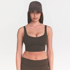 NikeSKIMS MATTE CORSET LONGLINE BRA | DARK SEPIA ON A MODEL 
