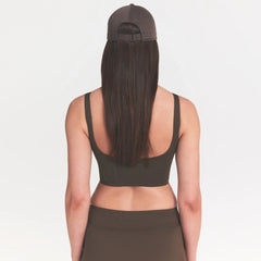 NikeSKIMS MATTE CORSET LONGLINE BRA | DARK SEPIA ON A MODEL 
