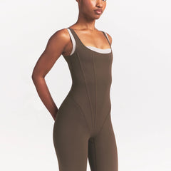 NikeSKIMS MATTE CORSET 29" ONE PIECE | DARK SEPIA ON A MODEL 