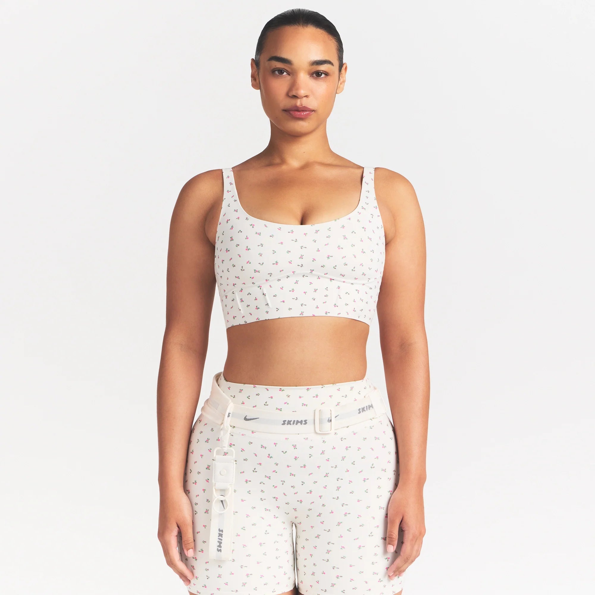 NikeSKIMS MATTE CORSET LONGLINE BRA | DITSY FLORAL PRINT ON A MODEL 