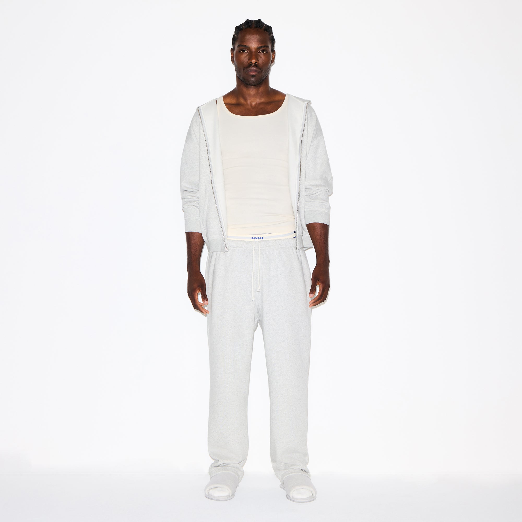 FLEECE LOUNGE MENS CLASSIC STRAIGHT LEG PANT | LIGHT HEATHER GREY ON A MODEL FRONT VIEW @ | FOCUS: 0.0, 1.0, 0.9