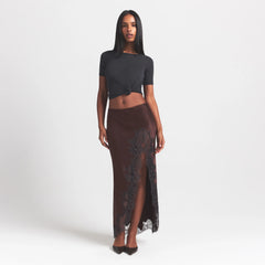 SILK LACE SKIRT | ESPRESSO CONTRAST ON A MODEL FRONT VIEW @ | FOCUS: 0.0, 1.0, 0.9