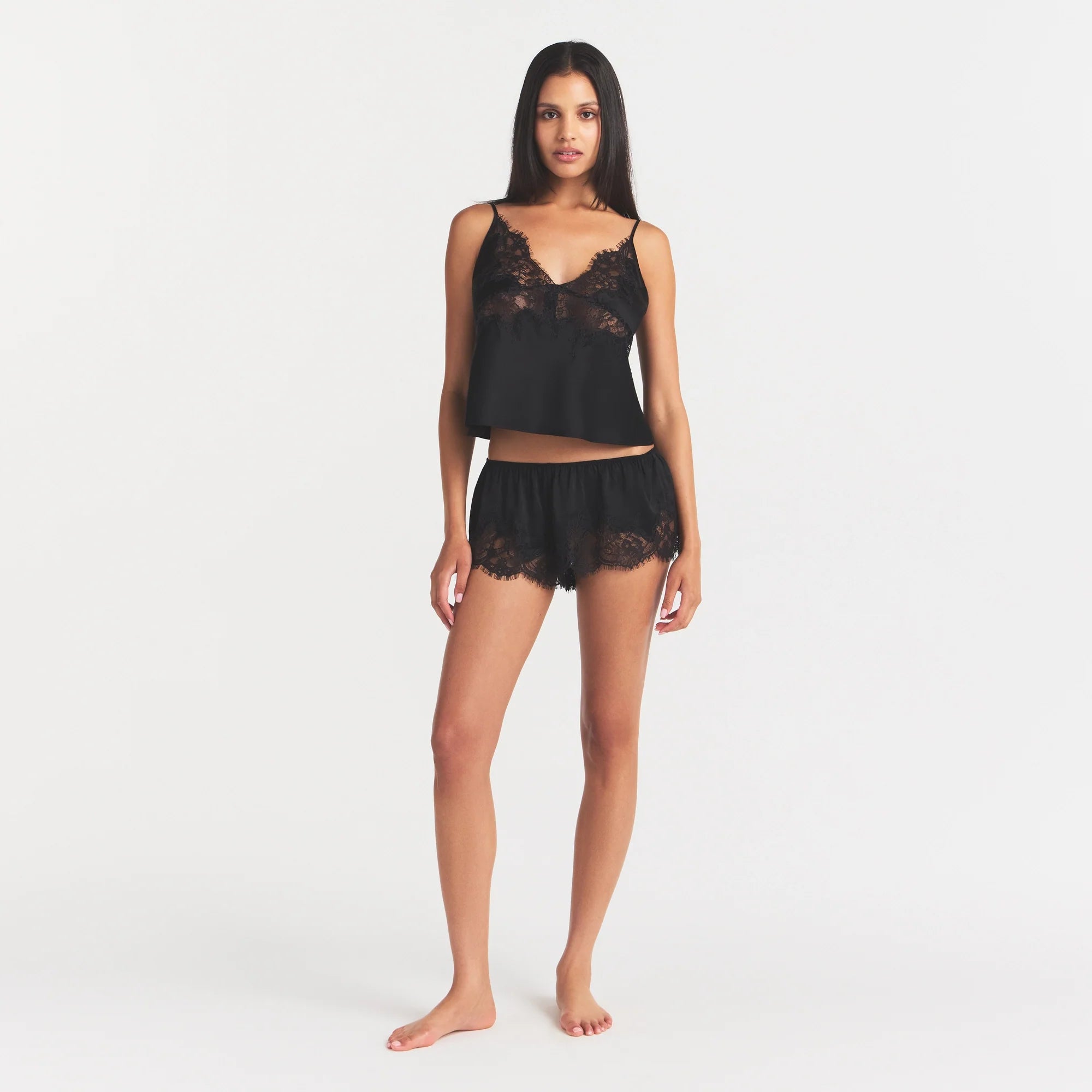SILK LACE SHORT | ONYX ON A MODEL FRONT VIEW @ | FOCUS: 0.0, 1.0, 0.9
