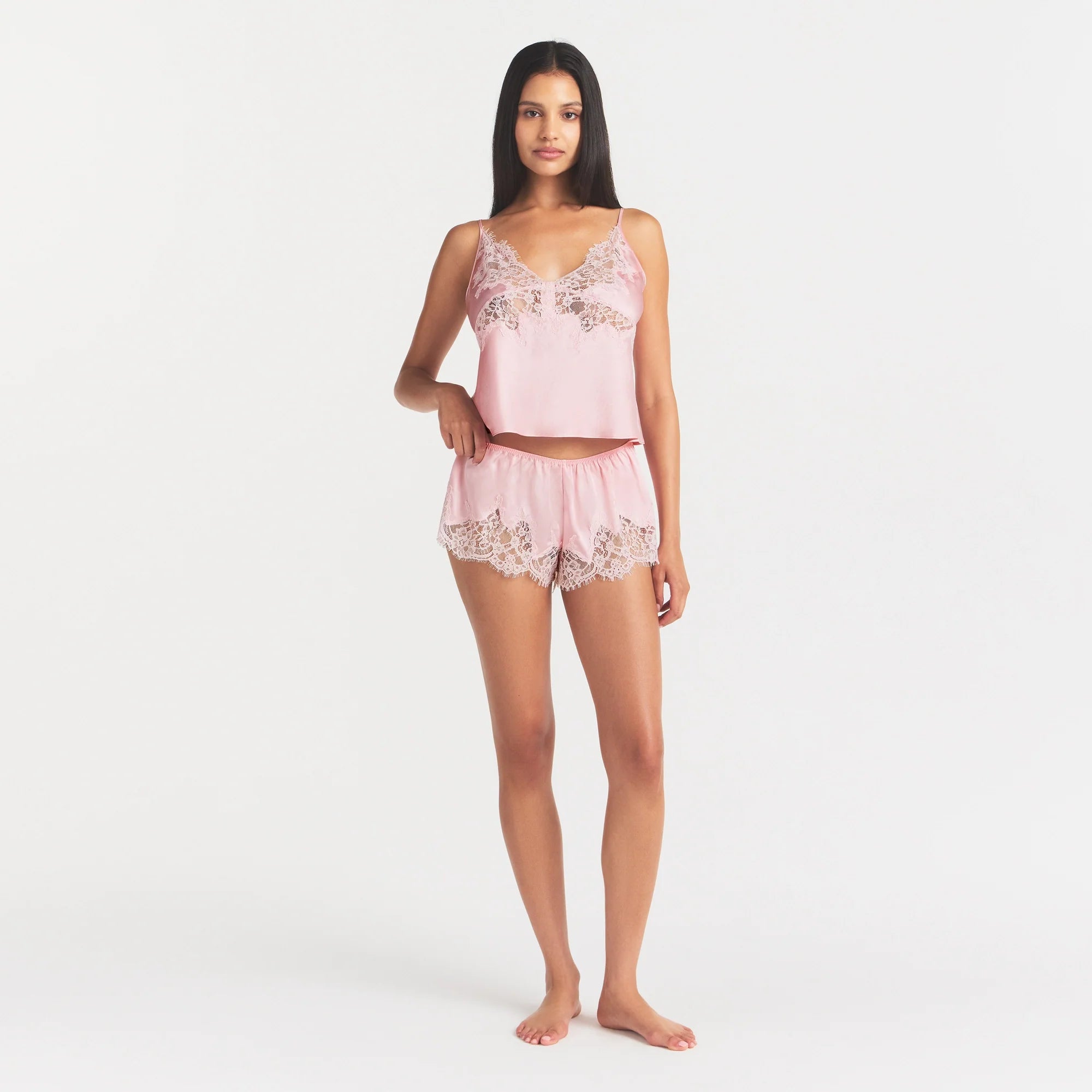 SILK LACE SHORT | PEONY TONAL ON A MODEL FRONT VIEW @ | FOCUS: 0.0, 1.0, 0.9