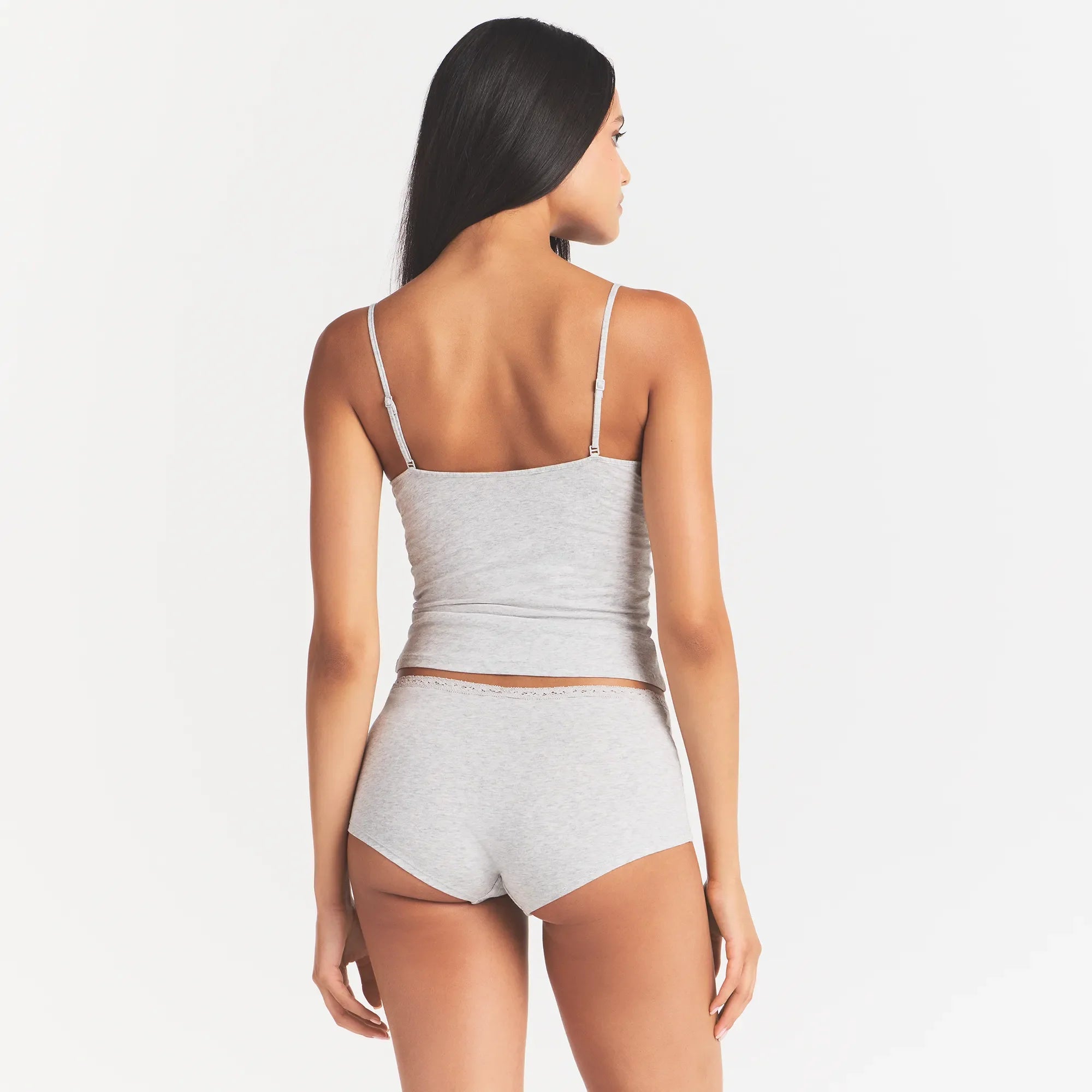 LIGHTWEIGHT COTTON LACE CAMI AND BOY SHORT SET | LIGHT HEATHER GREY ON A MODEL BACK VIEW @ | FOCUS: 0.0, 1.0, 0.9