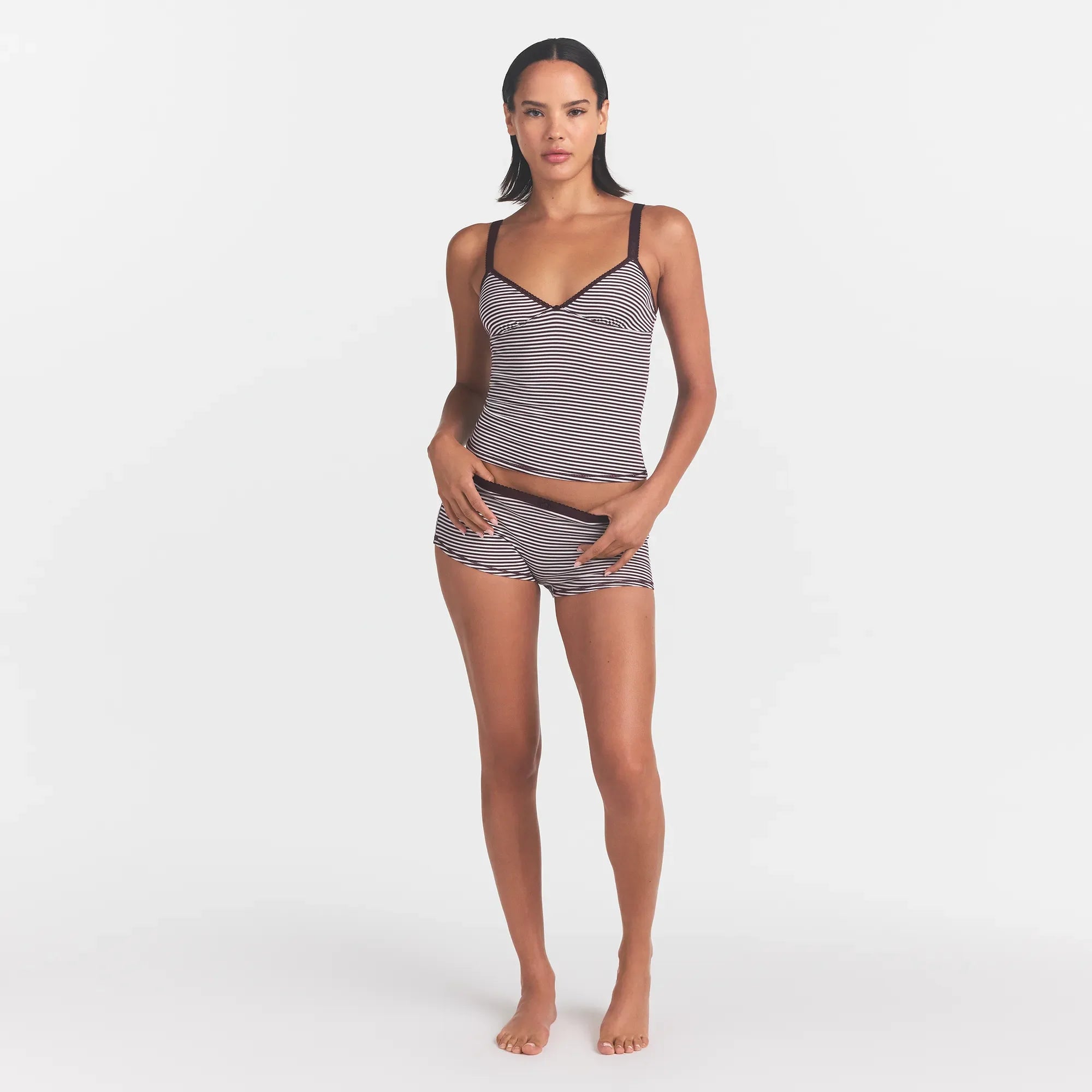 LIGHTWEIGHT COTTON LOGO PICOT CAMI AND BOY SHORT SET | CURRANT FEEDER STRIPE ON A MODEL FRONT VIEW @ | FOCUS: 0.0, 1.0, 0.9