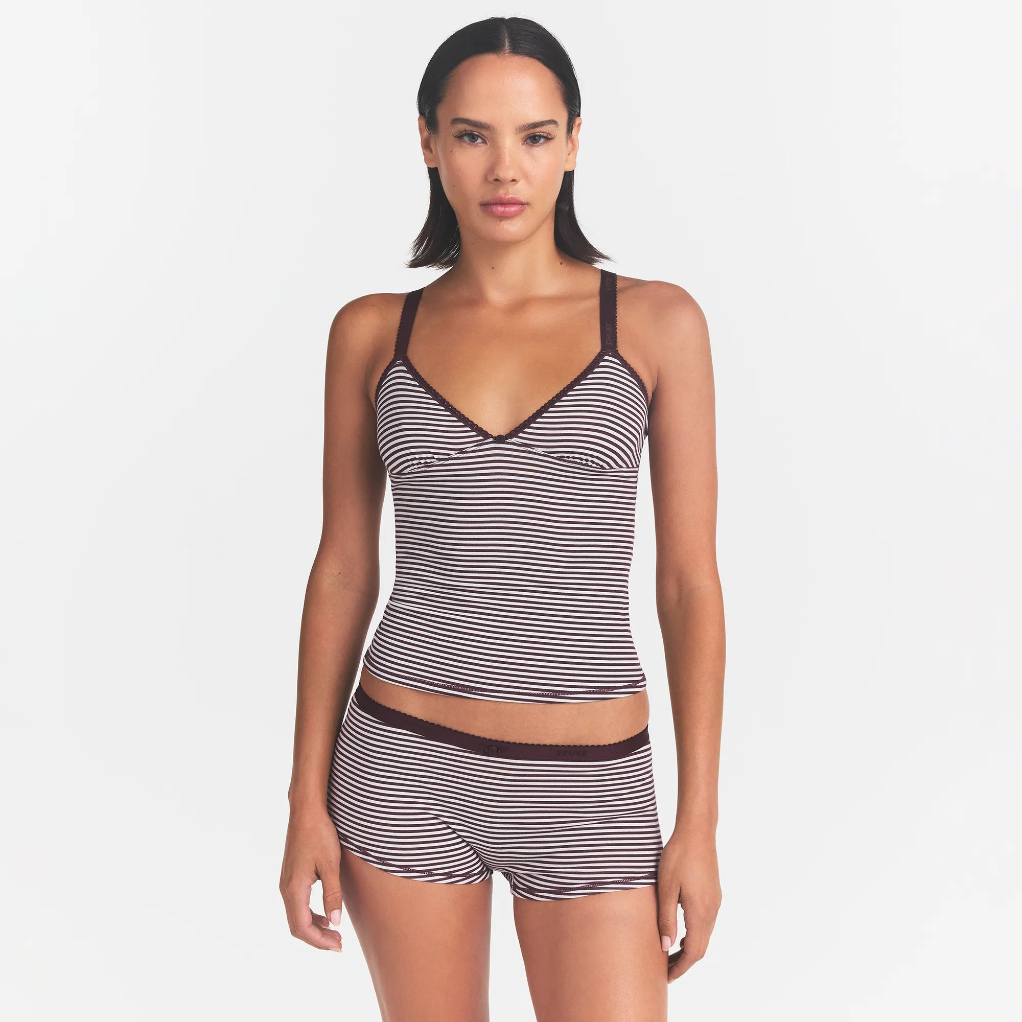 LIGHTWEIGHT COTTON LOGO PICOT CAMI AND BOY SHORT SET | CURRANT FEEDER STRIPE ON A MODEL FRONT VIEW @ | FOCUS: 0.0, 1.0, 0.9
