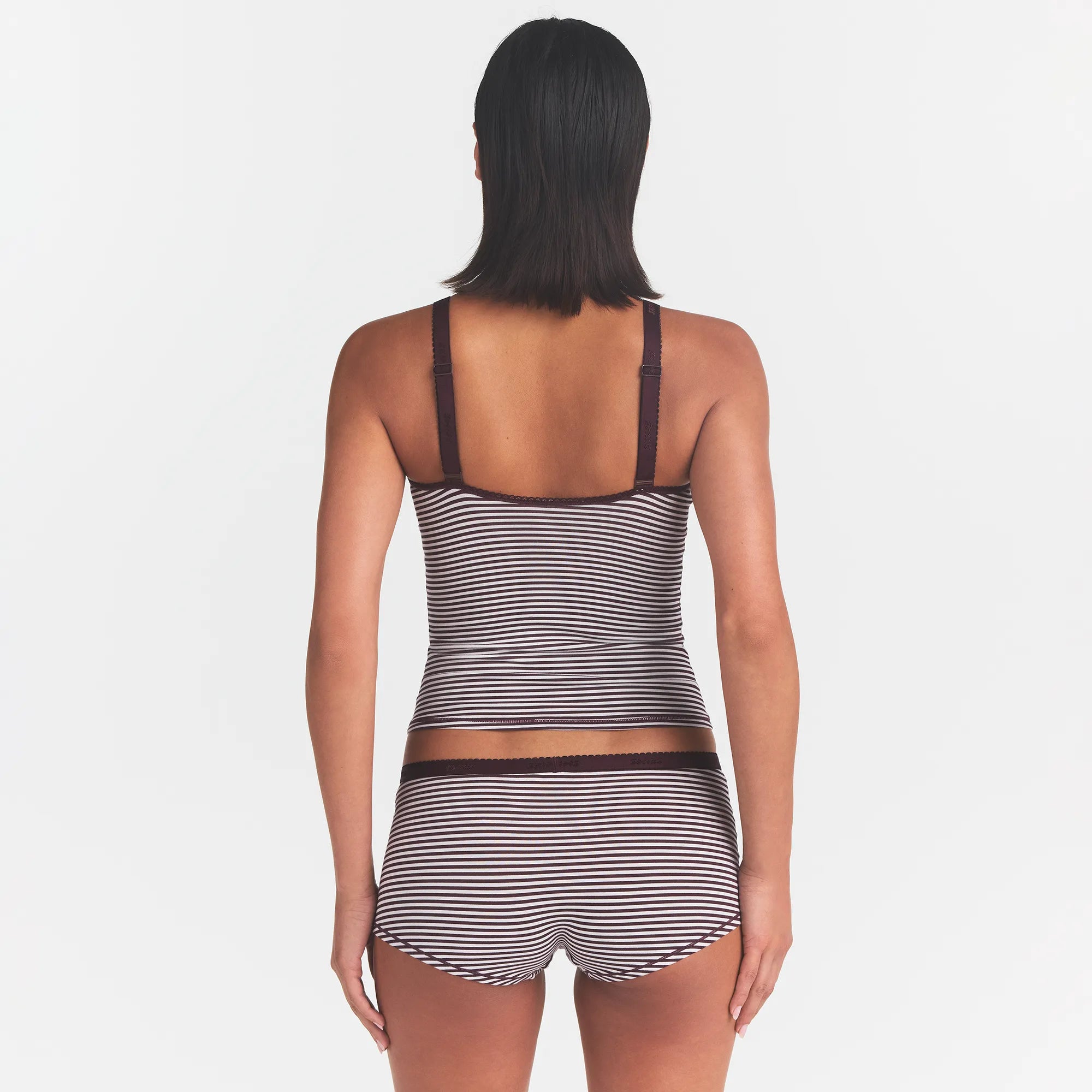 LIGHTWEIGHT COTTON LOGO PICOT CAMI AND BOY SHORT SET | CURRANT FEEDER STRIPE ON A MODEL BACK VIEW @ | FOCUS: 0.0, 1.0, 0.9