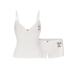 LIGHTWEIGHT COTTON LOGO PICOT CAMI AND BOY SHORT SET | SNOW CONTRAST FLAT ON A WHITE BACKGROUND | FLT