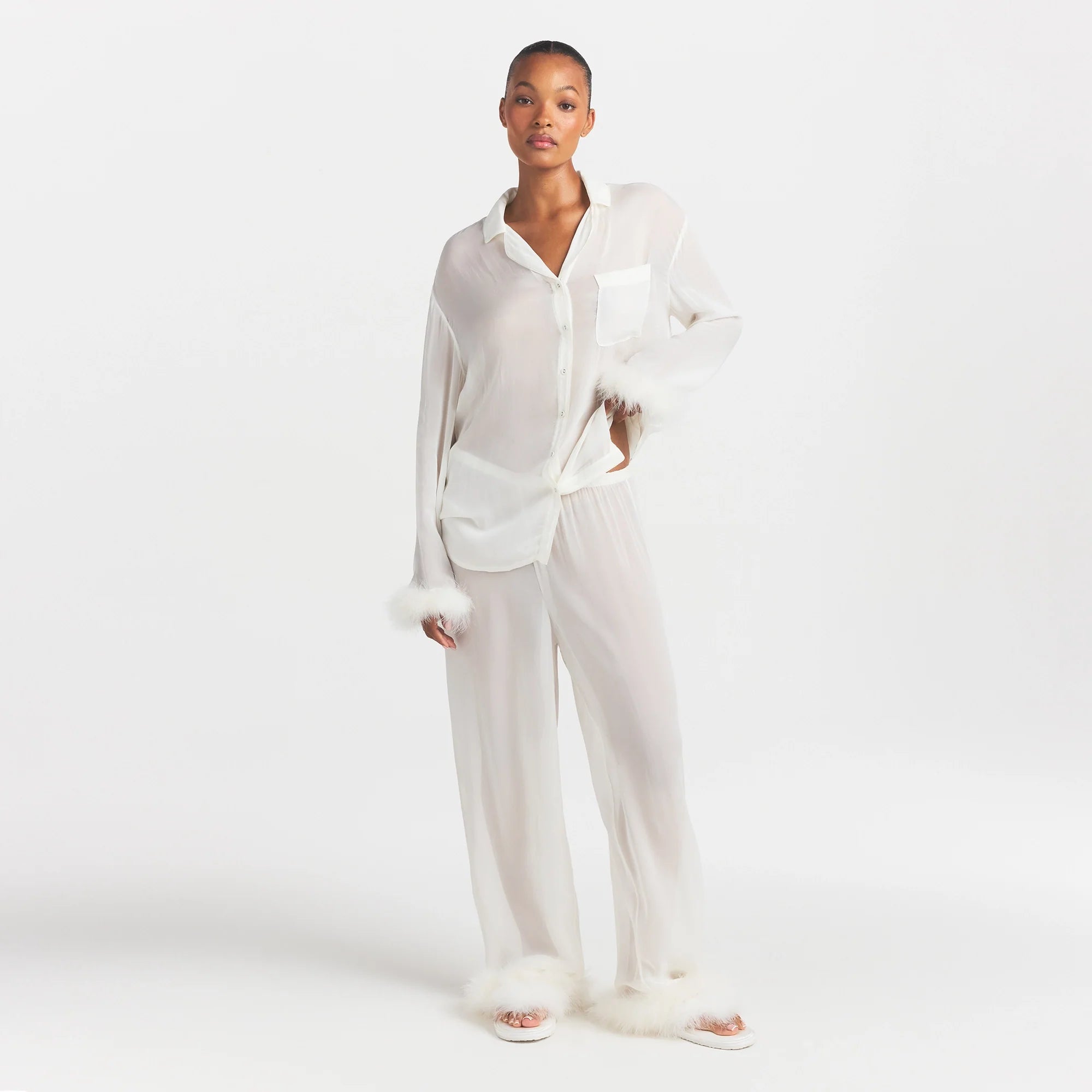 BRIDAL SLEEP FEATHER TRIM LONG SET | IVORY ON A MODEL FRONT VIEW @ | FOCUS: 0.0, 1.0, 0.9