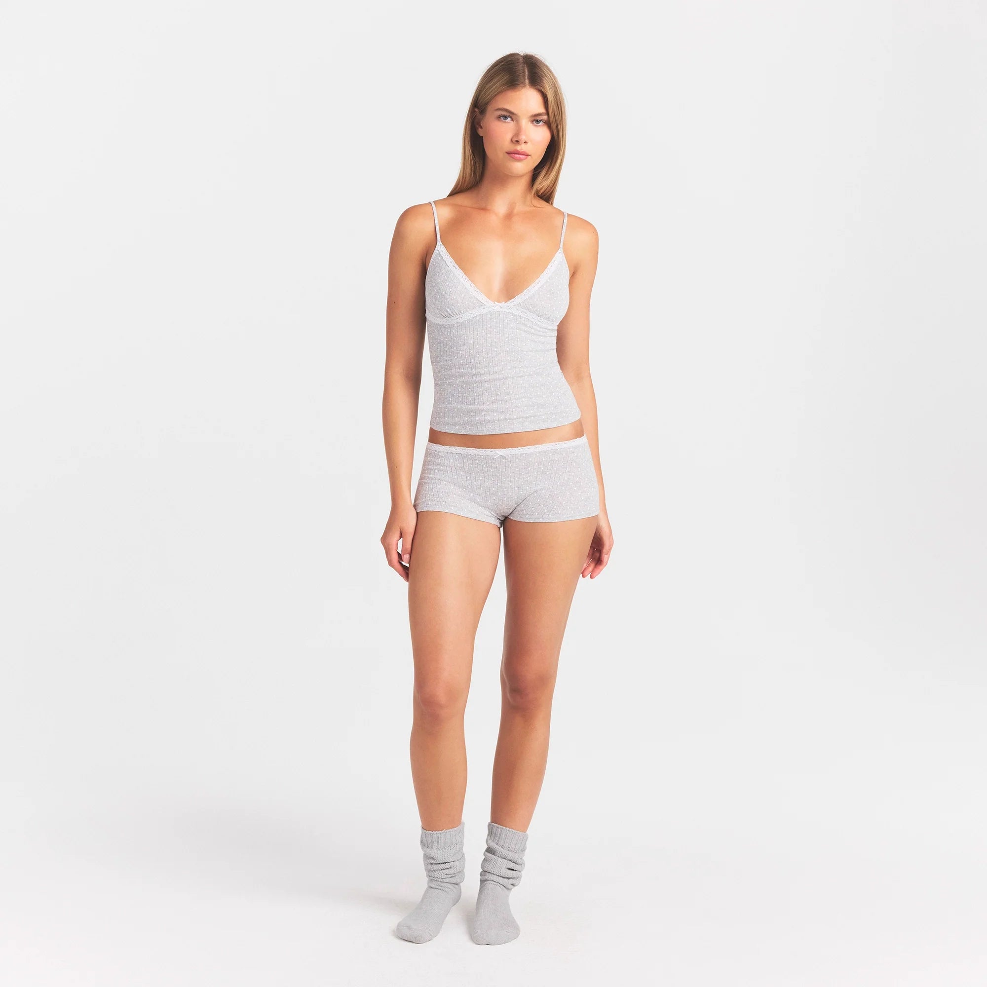 LIGHTWEIGHT COTTON POINTELLE LACE CAMI AND BOY SHORT SET | LIGHT HEATHER GREY PIN DOT ON A MODEL FRONT VIEW @ | FOCUS: 0.0, 1.0, 0.9