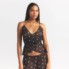 SKIMS ROMANCE WRAP CAMI TOP | OBSIDIAN SPACED HEARTS ON A MODEL SIDE VIEW @ | FOCUS: 0.0, 1.0, 0.9