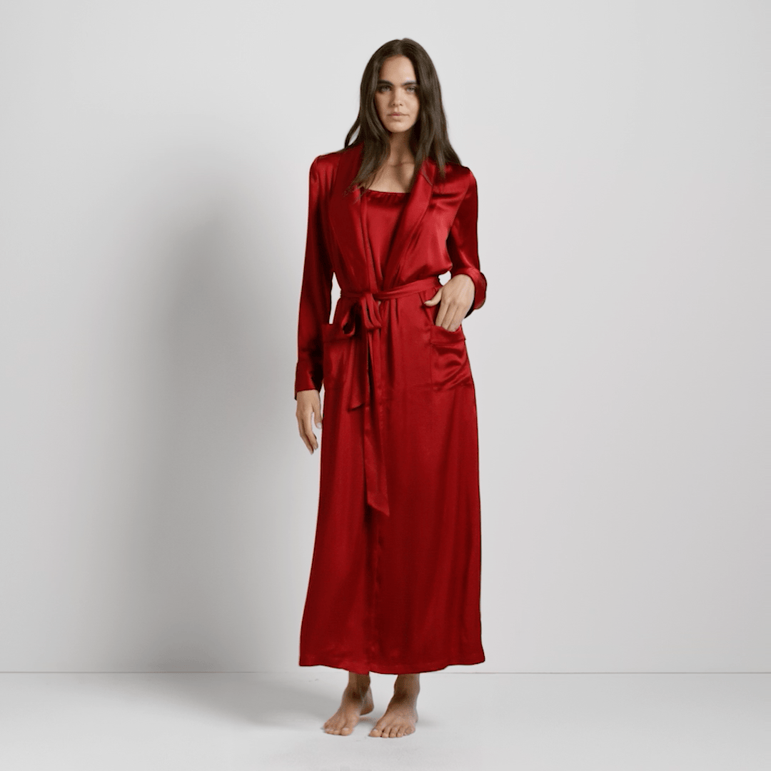WOVEN SHINE LONG ROBE | BRICK ON A MODEL FRONT VIEW @ | FOCUS: 0.0, 1.0, 0.9
