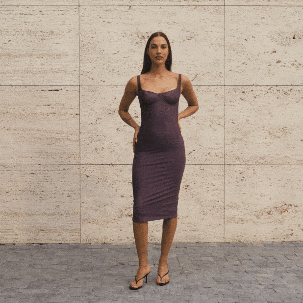 SKIMS BODY MIDI DRESS | RAISIN CAMPAIGN IMAGE @