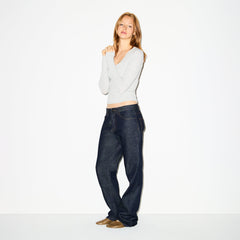 COTTON JERSEY SHIRRED BUST LONG SLEEVE | LIGHT HEATHER GREY ON A MODEL FRONT VIEW @ | FOCUS: 0.0, 1.0, 0.9