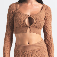 SWEATER KNIT CROPPED CARDIGAN | DARK HONEY ON A MODEL FRONT VIEW @ | FOCUS: 0.0, 1.0, 0.9