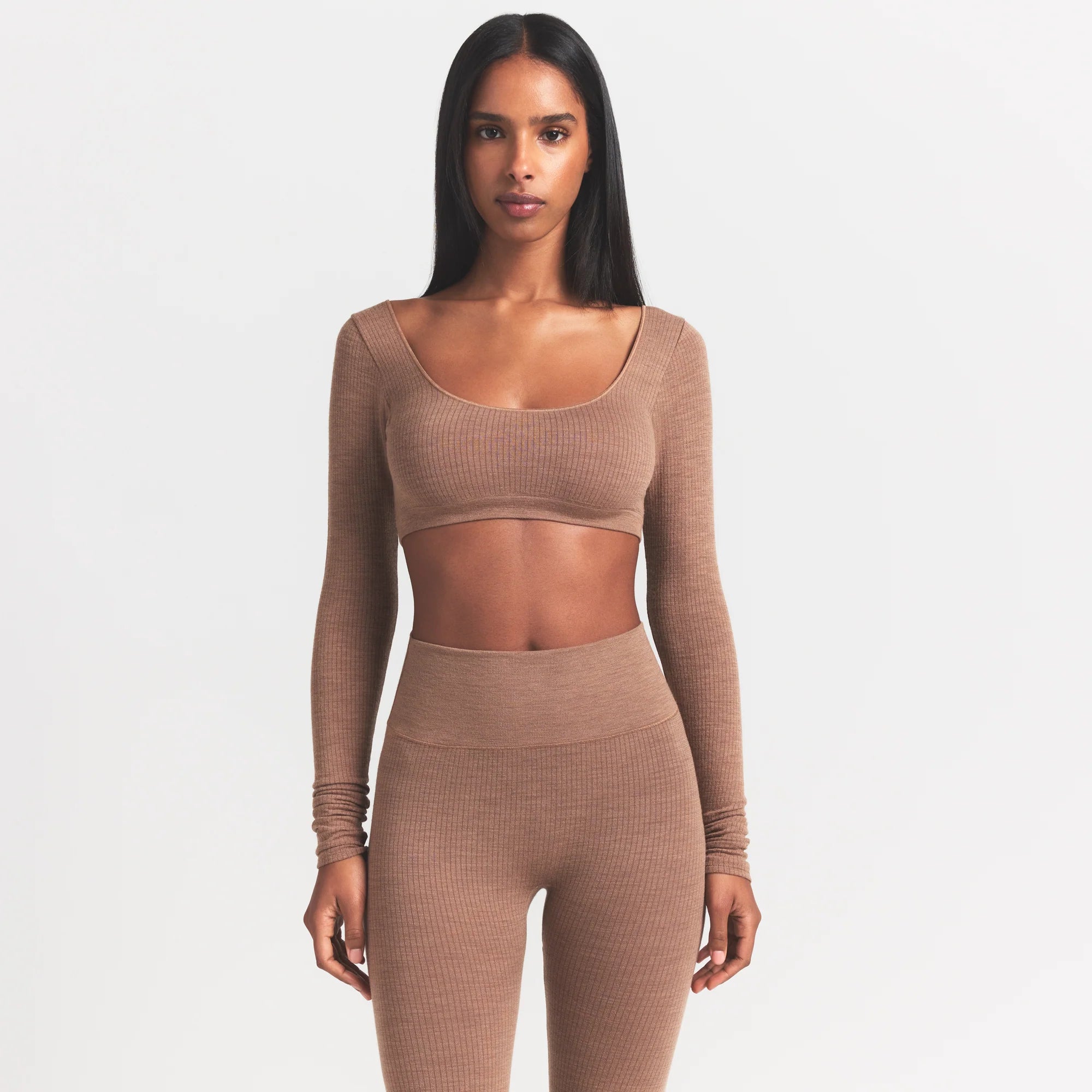 WOOL RIB LONG SLEEVE SUPER CROPPED TOP | SIENNA ON A MODEL FRONT VIEW S | FOCUS: 0.0, 1.0, 0.9
