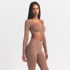 WOOL RIB LONG SLEEVE SUPER CROPPED TOP | SIENNA ON A MODEL SIDE VIEW S | FOCUS: 0.0, 1.0, 0.9