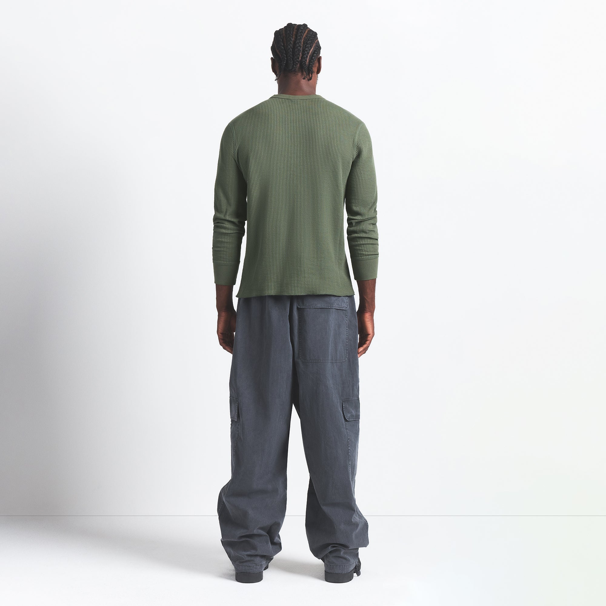 WAFFLE MENS LONG SLEEVE TOP | MILITARY GREEN ON A MODEL BACK VIEW @ | FOCUS: 0.0, 1.0, 0.9
