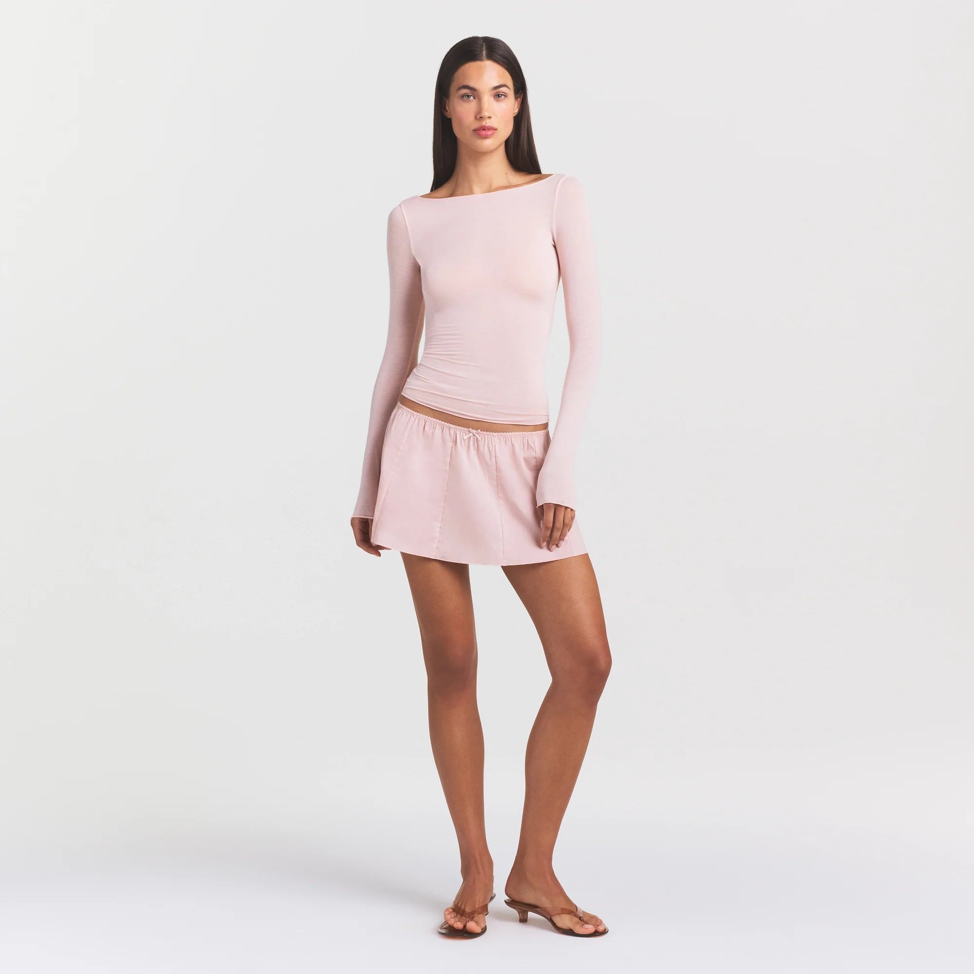 SHEER MODAL LONG SLEEVE BOATNECK TOP | PRIMROSE ON A MODEL FRONT VIEW