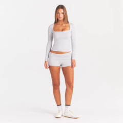 COTTON JERSEY SCOOP NECK LONG SLEEVE TOP | LIGHT HEATHER GREY ON A MODEL FRONT VIEW | FOCUS: 0.0, 1.0, 0.9