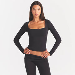 COTTON JERSEY SCOOP NECK LONG SLEEVE TOP | SOOT ON A MODEL SIDE VIEW @ | FOCUS: 0.0, 1.0, 0.9