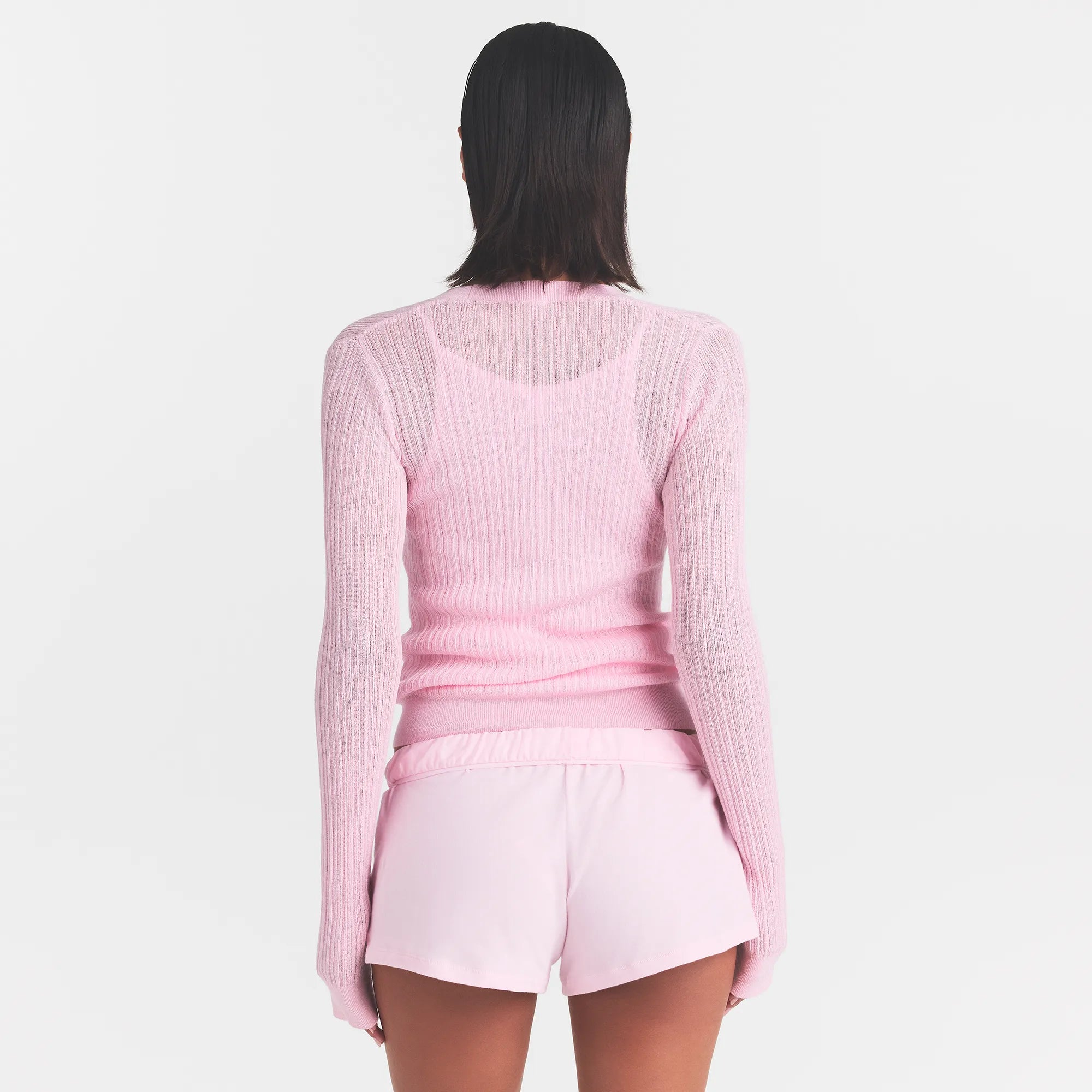 SHEER KNIT CARDIGAN | PEONY ON A MODEL BACK VIEW @ | FOCUS: 0.0, 1.0, 0.9