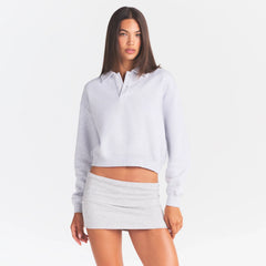 COTTON FLEECE POLO SWEATSHIRT | LIGHT HEATHER GREY ON A MODEL SIDE VIEW @ | FOCUS: 0.0, 1.0, 0.9