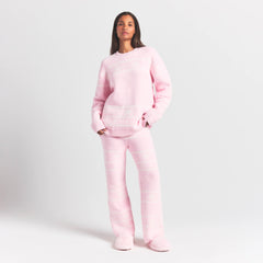 COZY LIGHT CREWNECK PULLOVER | BABY PINK HEART FAIR ISLE ON A MODEL FRONT VIEW @ | FOCUS: 0.0, 1.0, 0.9
