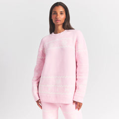 COZY LIGHT CREWNECK PULLOVER | BABY PINK HEART FAIR ISLE ON A MODEL SIDE VIEW @ | FOCUS: 0.0, 1.0, 0.9