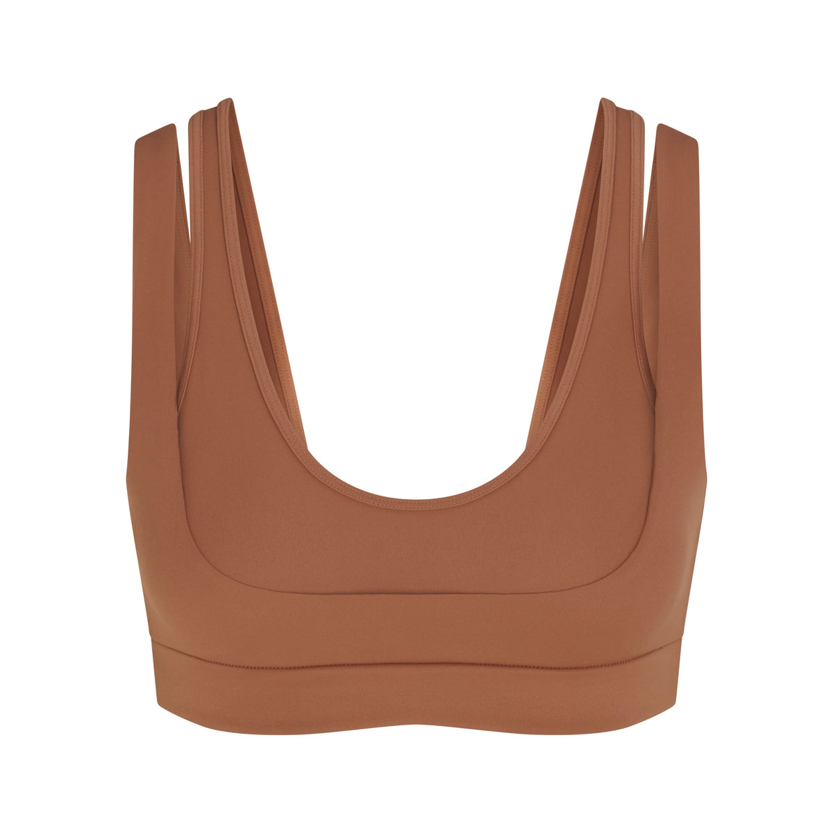 NikeSKIMS MATTE DOUBLE STRAP SCOOP BRA | CAROB BROWN FLAT ON A WHITE BACKGROUND | FLT