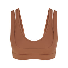 NikeSKIMS MATTE DOUBLE STRAP SCOOP BRA | CAROB BROWN FLAT ON A WHITE BACKGROUND | FLT