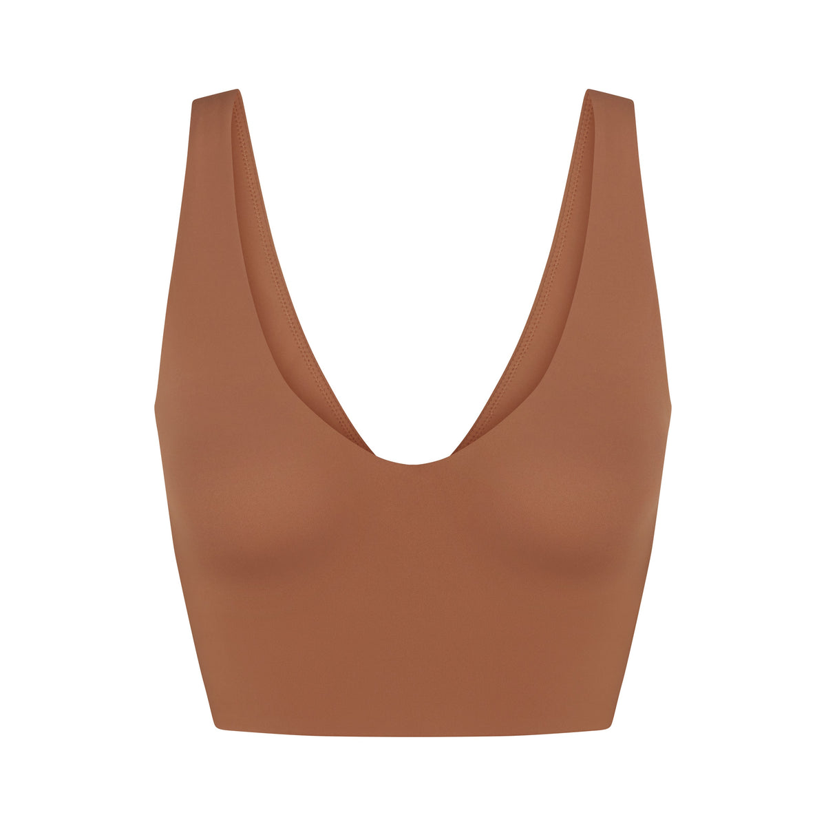 NikeSKIMS MATTE V-NECK BRA TOP | CAROB BROWN FLAT ON A WHITE BACKGROUND | FLT