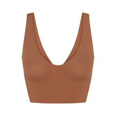 NikeSKIMS MATTE V-NECK BRA TOP | CAROB BROWN FLAT ON A WHITE BACKGROUND | FLT