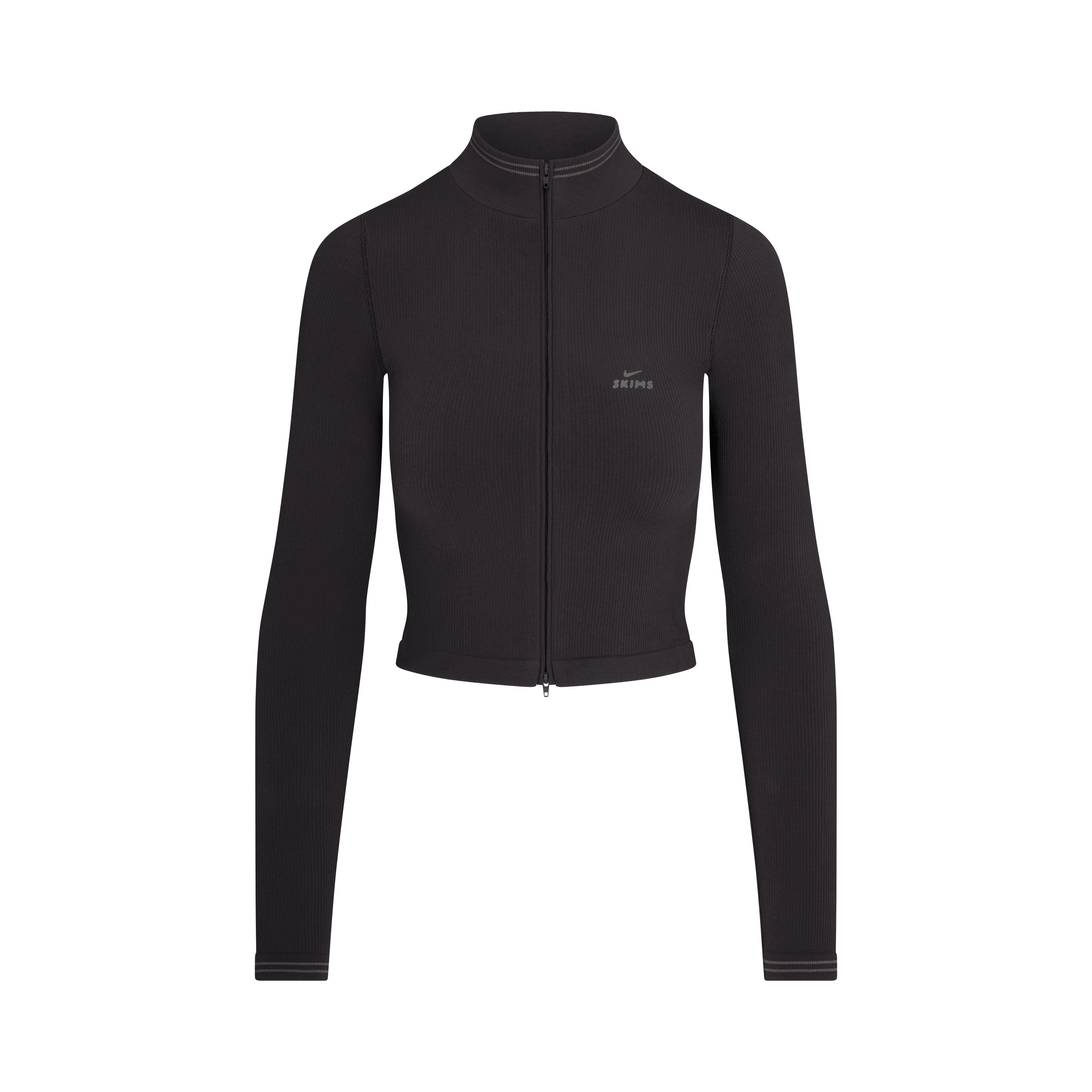 NikeSKIMS RIBBED SEAMLESS ZIP UP CROP JACKET | OBSIDIAN FLAT ON A WHITE BACKGROUND | FLT