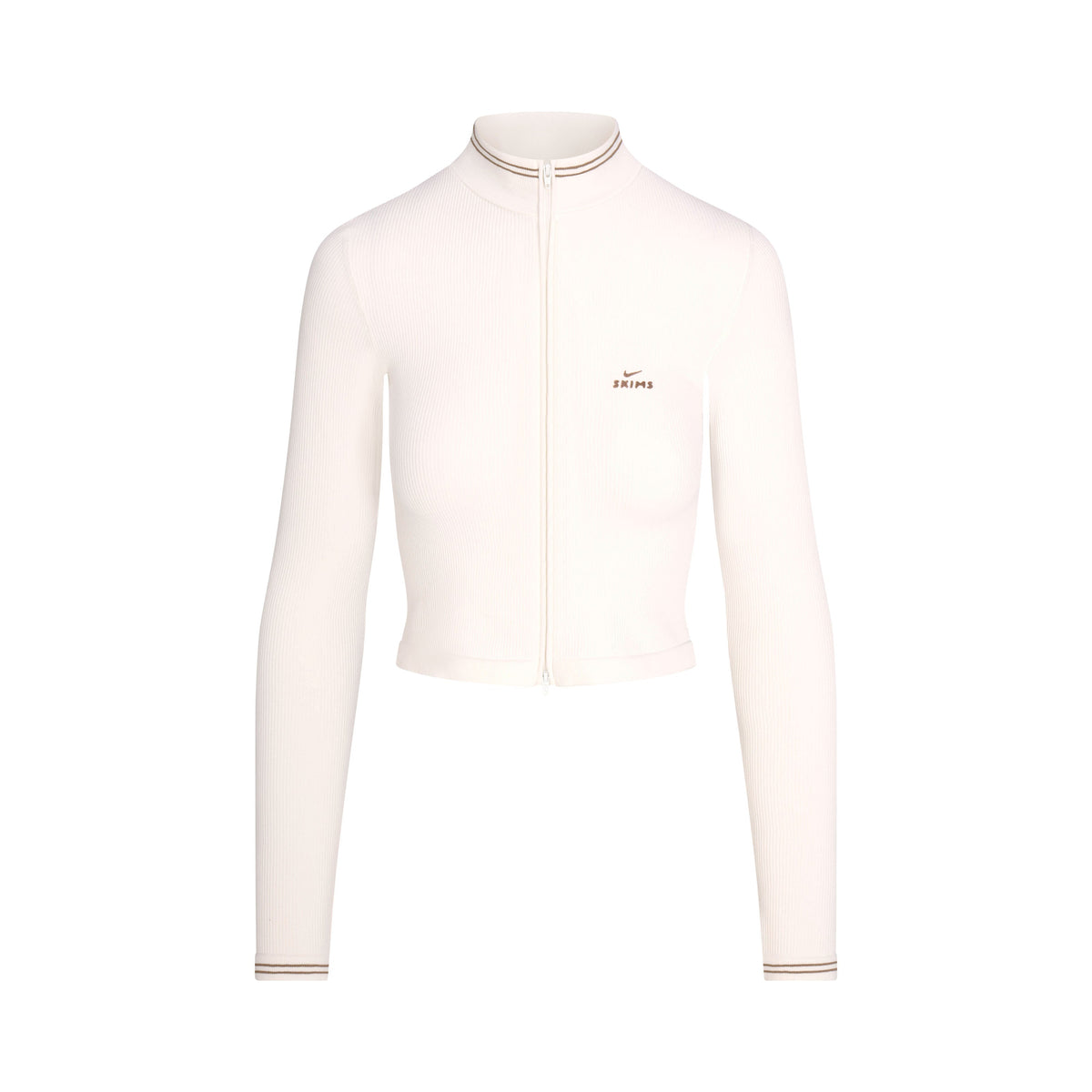 NikeSKIMS RIBBED SEAMLESS ZIP UP CROP JACKE | NSKM ACTV IVORY/NSKM RESIN/(NSKM ACTV IVORY) FLAT ON A WHITE BACKGROUND | FLT