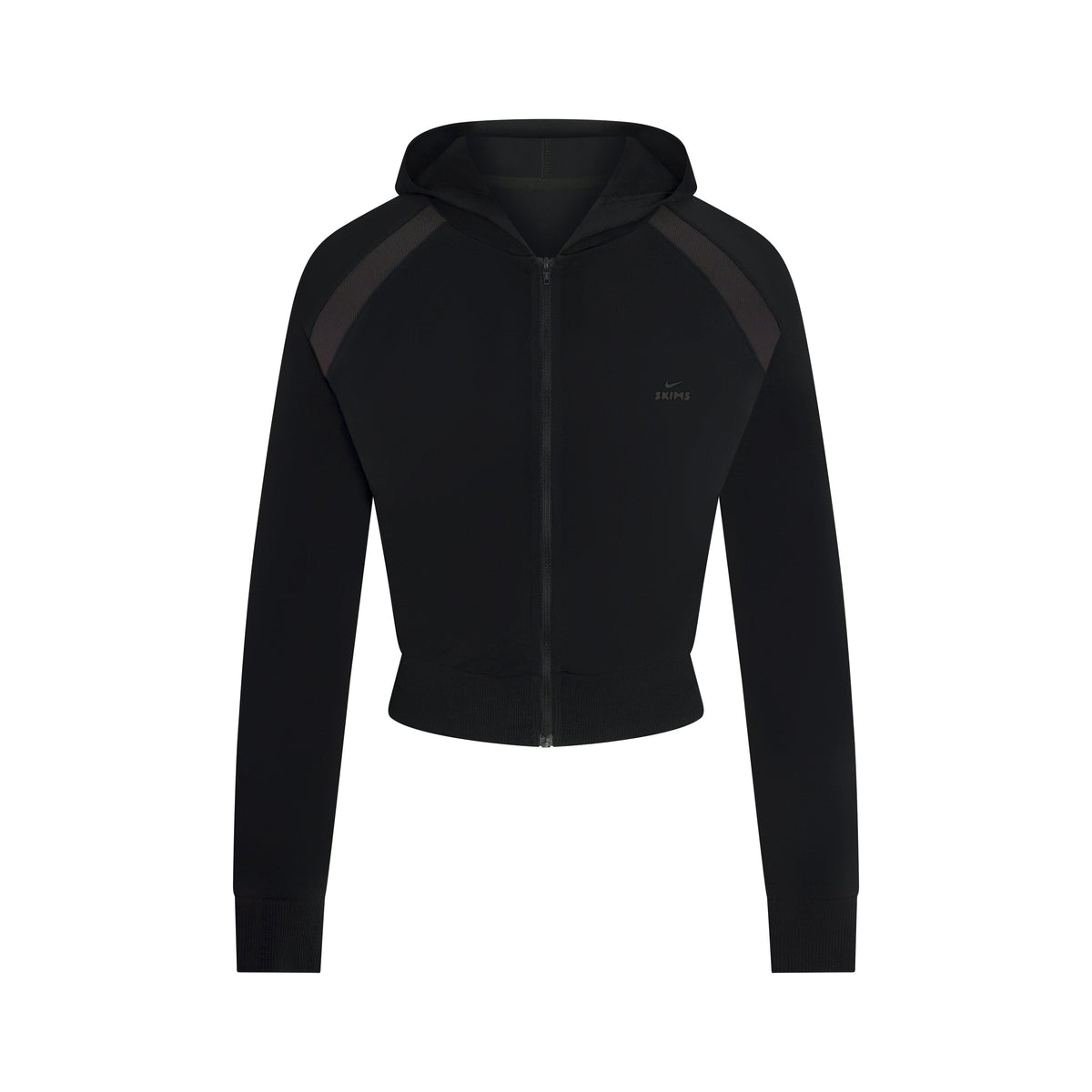 NikeSKIMS STRETCH KNIT BABY HOODIE | NSKM OBSIDIAN/NSKM IGNEOUS FLAT ON A WHITE BACKGROUND | FLT