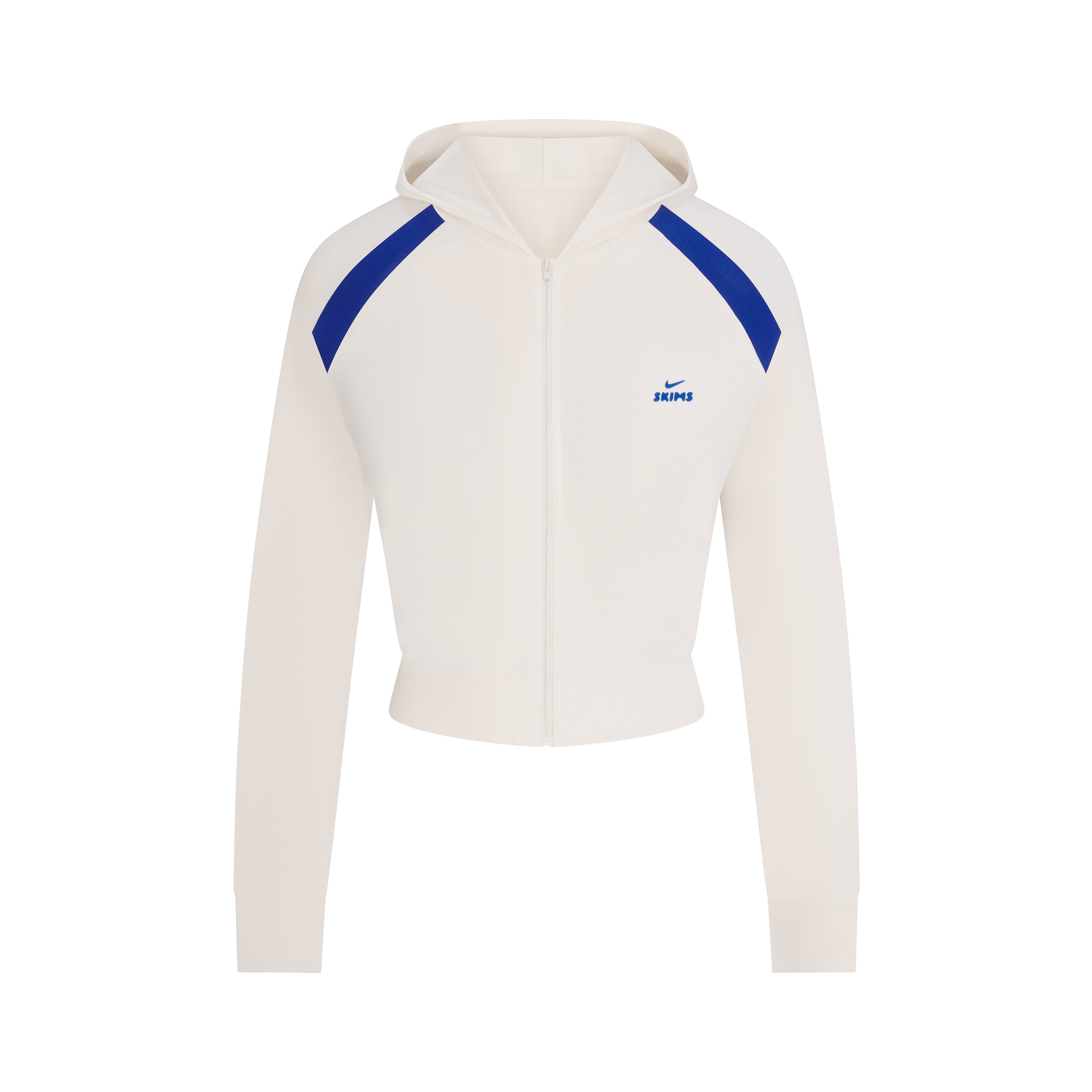 NikeSKIMS STRETCH KNIT BABY HOODIE | NSKM ACTV IVORY/NSKM COBALT FLAT ON A WHITE BACKGROUND | FLT