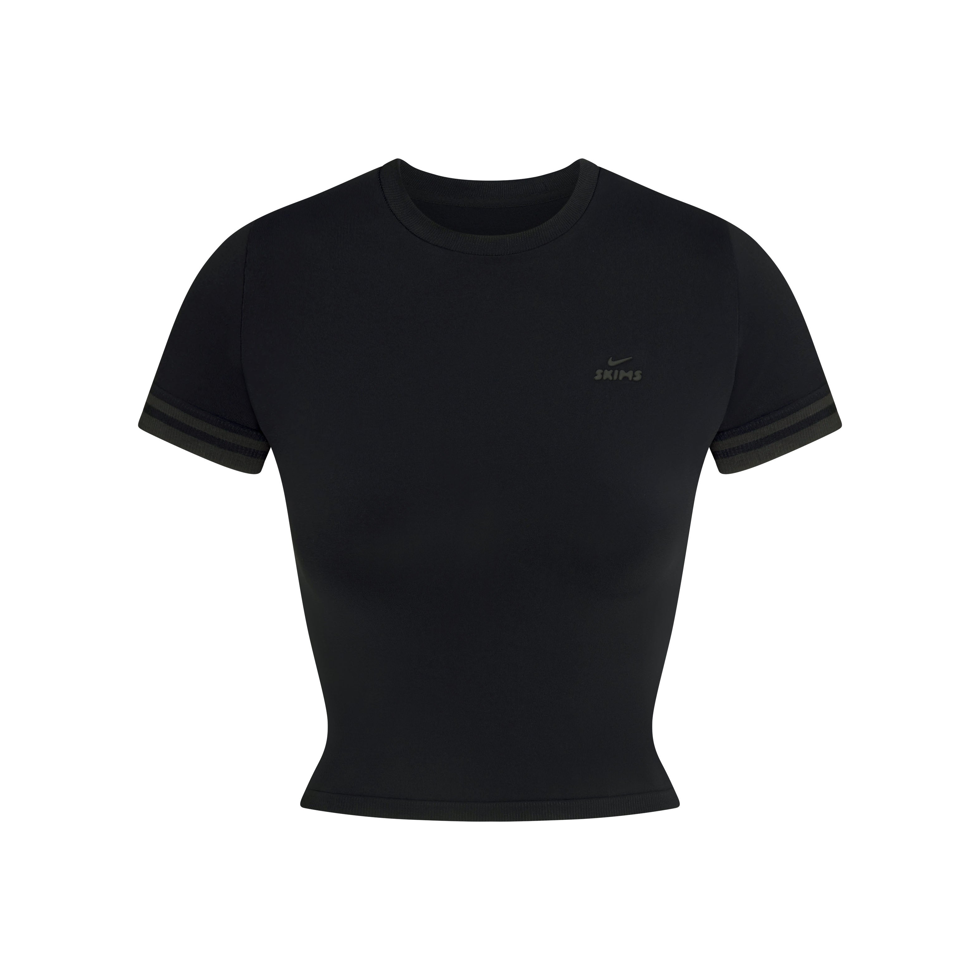 NikeSKIMS STRETCH KNIT CROP BABY T-SHIRT | NSKM OBSIDIAN/NSKM IGNEOUS FLAT ON A WHITE BACKGROUND | FLT