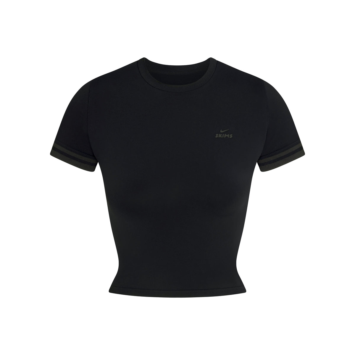 NikeSKIMS STRETCH KNIT CROP BABY T-SHIRT | NSKM OBSIDIAN/NSKM IGNEOUS FLAT ON A WHITE BACKGROUND | FLT